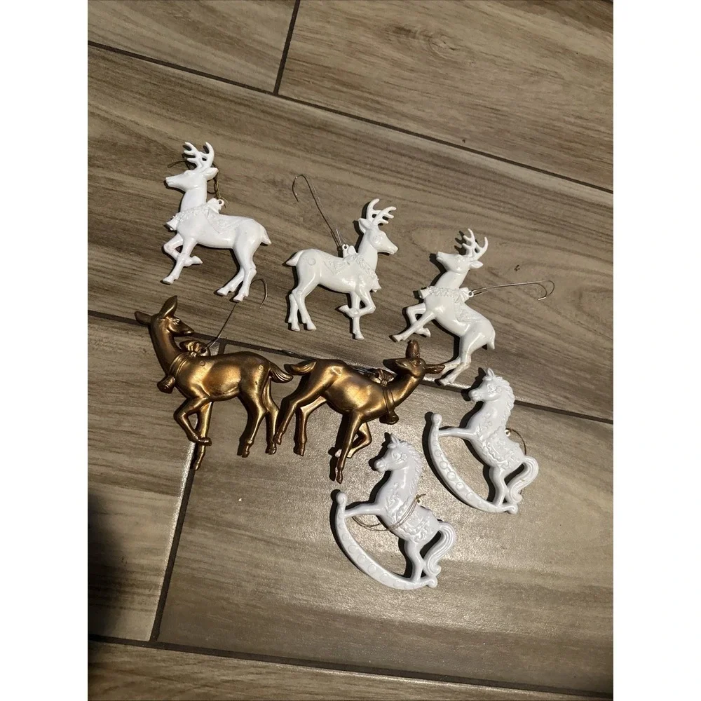 Vintage Christmas ornaments Lot of 7 Blow Mold-plastic reindeer & rocking horses